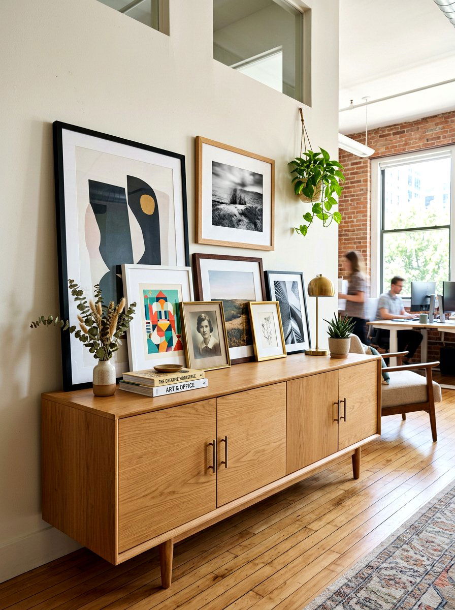 Credenza with leaning frames - 30 office credenza styling ideas