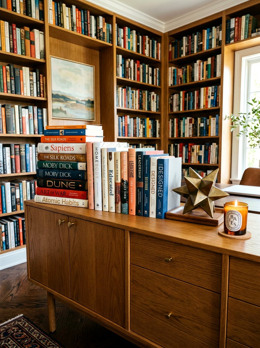 Credenza with stacked books - 30 office credenza styling ideas