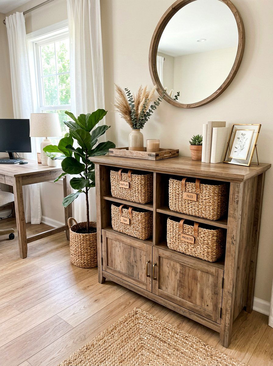 Credenza with storage baskets - 30 office credenza styling ideas