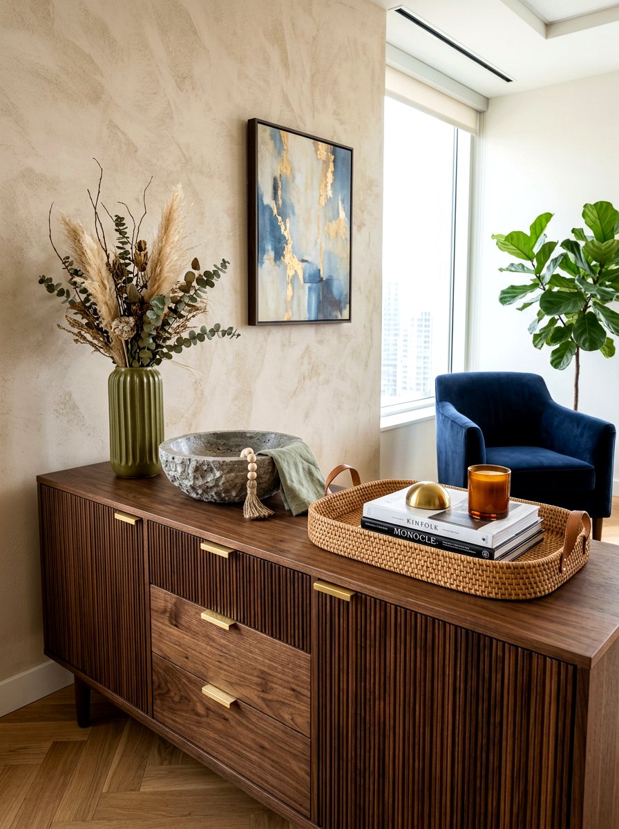 Credenza with textured decor - 30 office credenza styling ideas