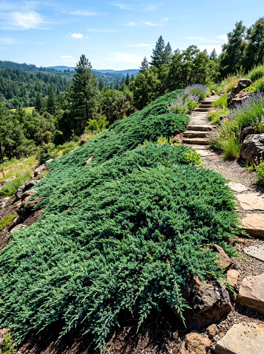 Creeping Juniper Slope Cover - 30 evergreen landscaping ideas