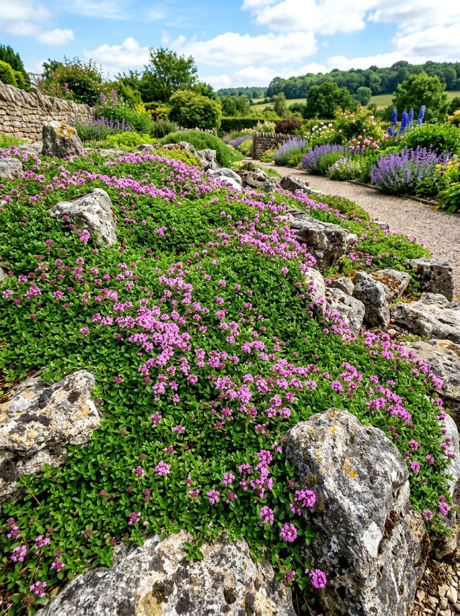 Creeping Oregano Rock Garden - 30 sensory herb garden ideas