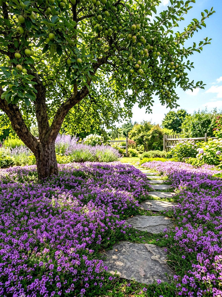 Creeping Thyme Apple Tree Carpet - 30 apple tree border ideas