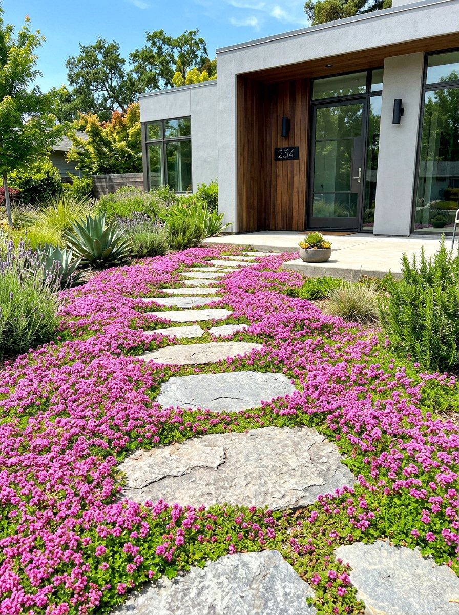 Creeping Thyme Groundcover - 30 pollinator front yard ideas