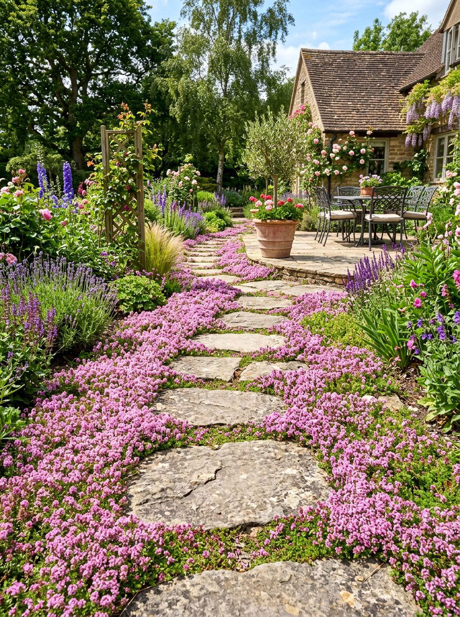 Creeping Thyme Walkway - 30 pollinator paradise backyard ideas