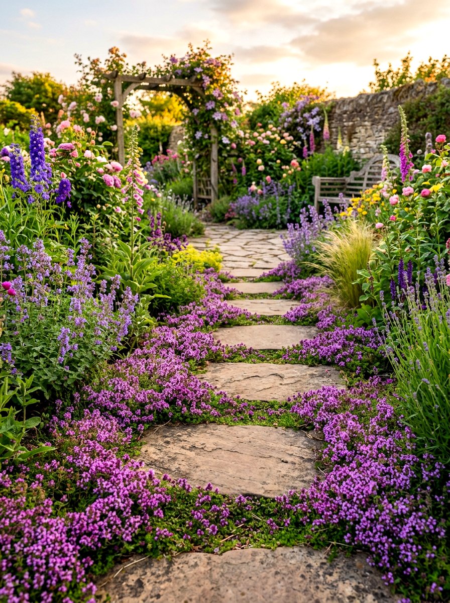 Creeping thyme ground cover - 30 walkway border planting ideas