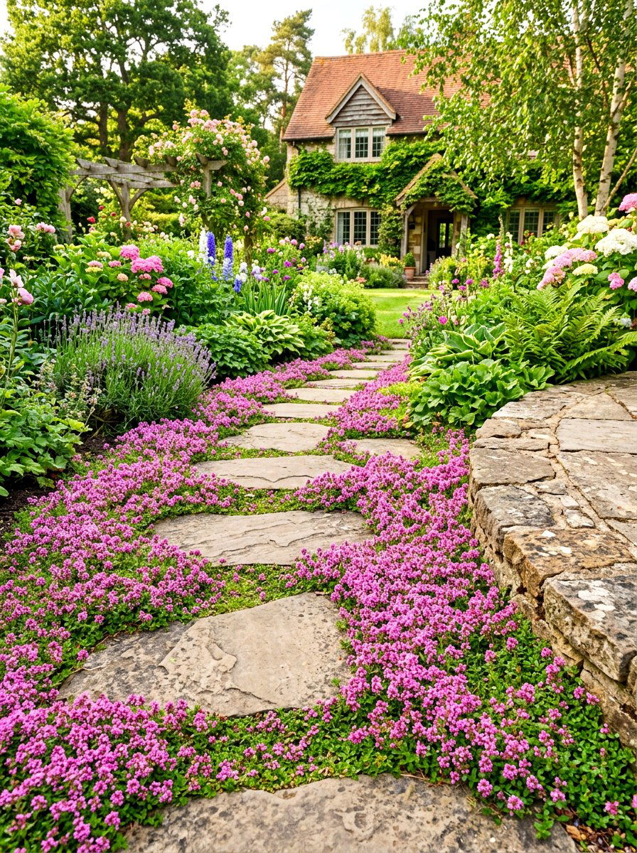 Creeping thyme walkway - 30 herb patio border ideas