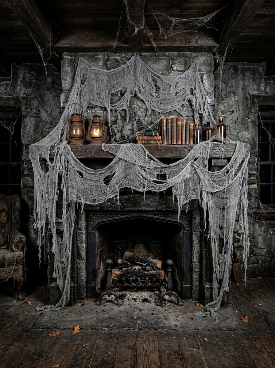 Creepy Gauze Draping - 30 Halloween mantel decor ideas