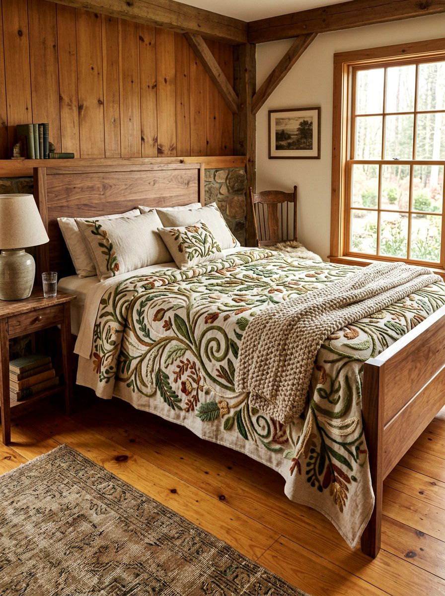 Crewel stitch quilt - 30 embroidered bedding ideas