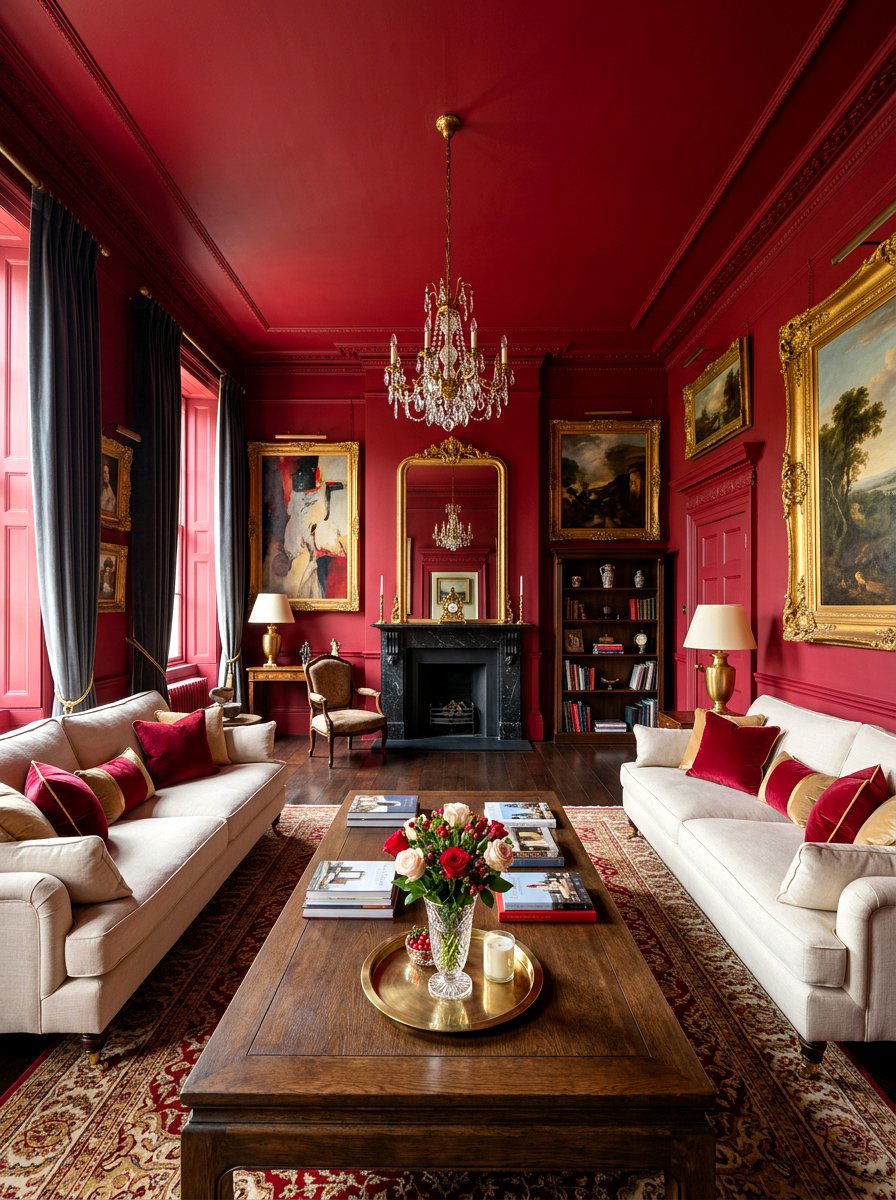 Crimson living room - 30 color drench living room ideas