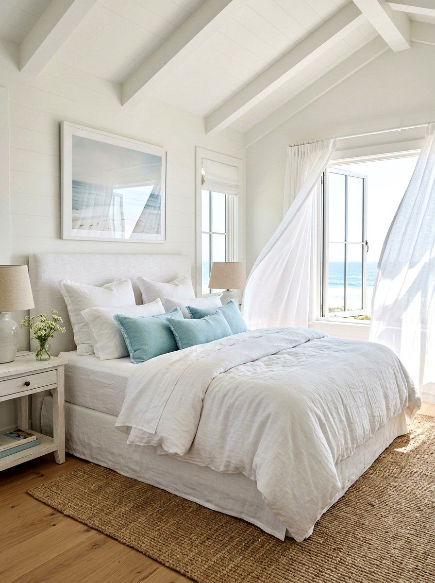 Crisp white linen bedroom - 30 coastal prep bedroom ideas