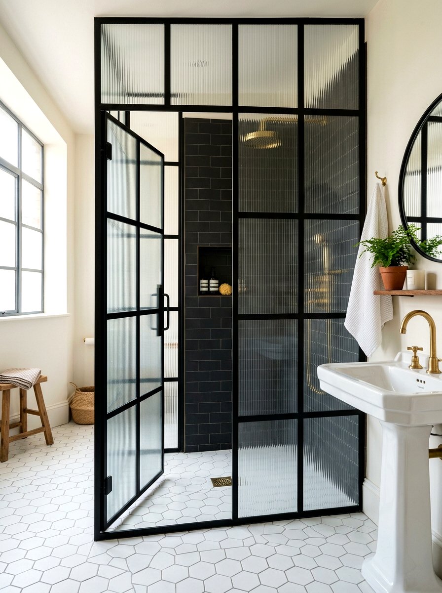Crittall style fluted glass shower - 30 ribbed glass shower ideas