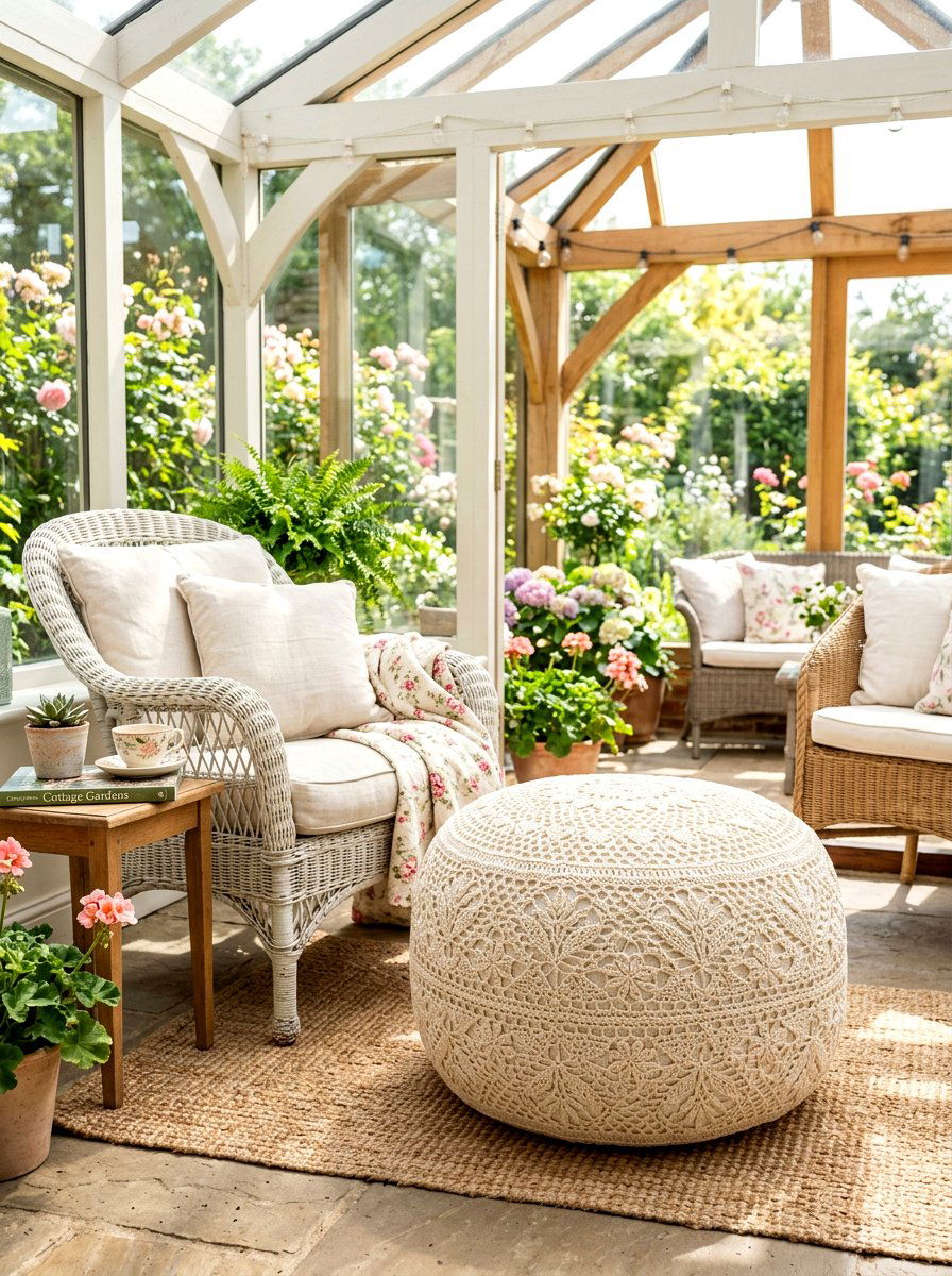 Crochet Sunroom Pouf - 30 outdoor pouf lounge ideas