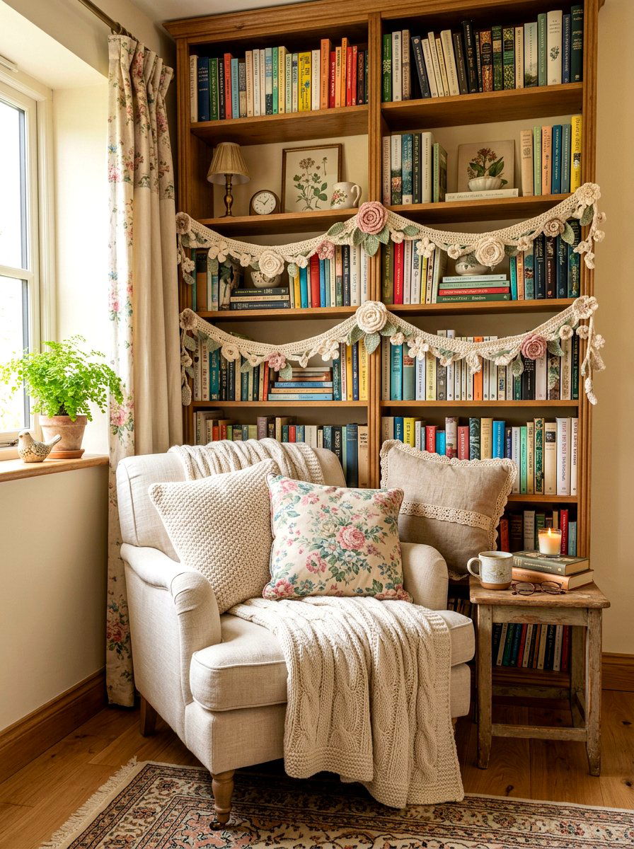 Crocheted Bookshelf Garland - 30 bookshelf garland ideas
