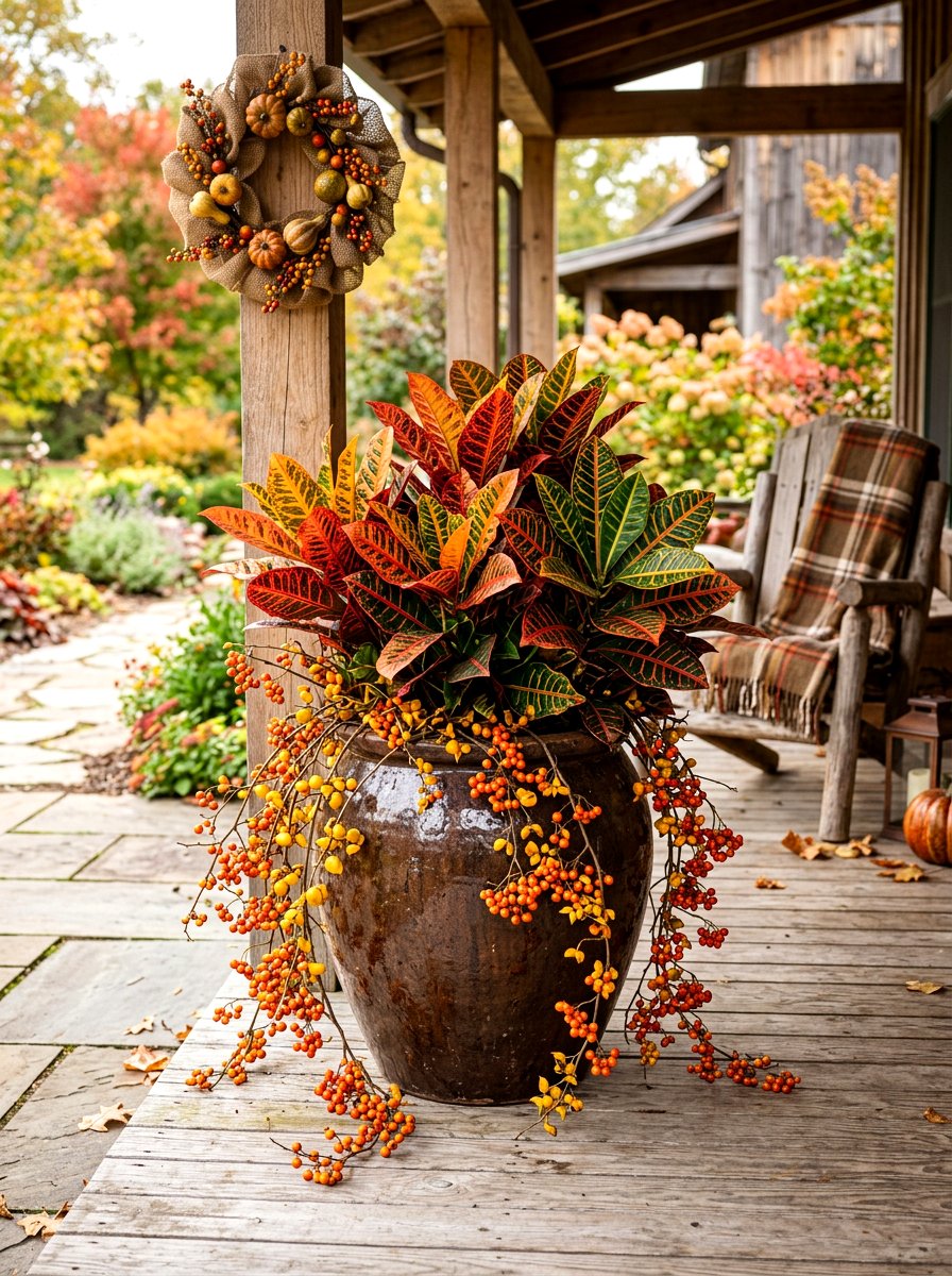 Croton and bittersweet vine autumn planter - 30 autumn planter ideas