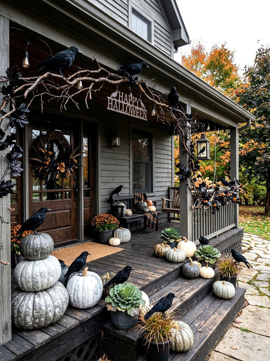 Crow Theme Halloween Porch - 30 Halloween porch ideas