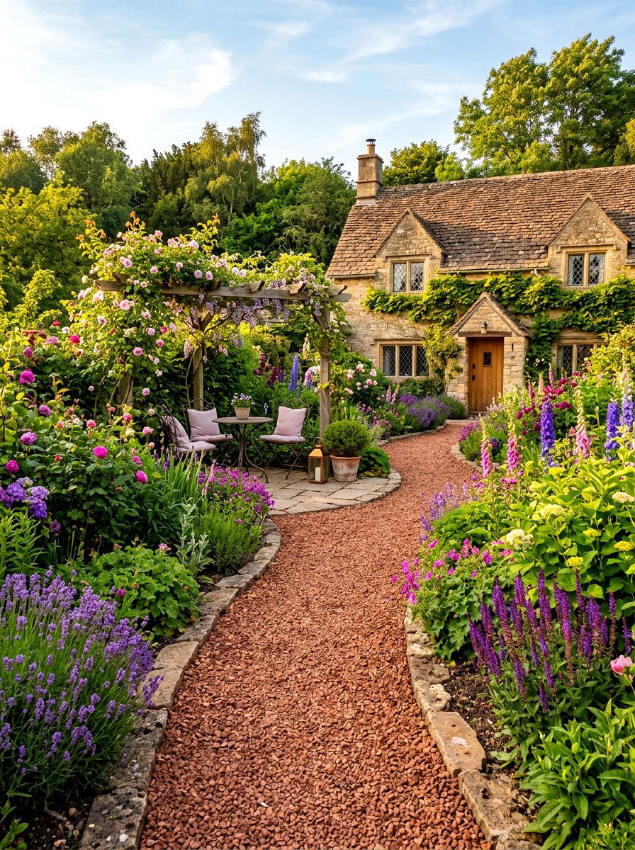 Crushed Brick Path - 30 low maintenance patio garden ideas