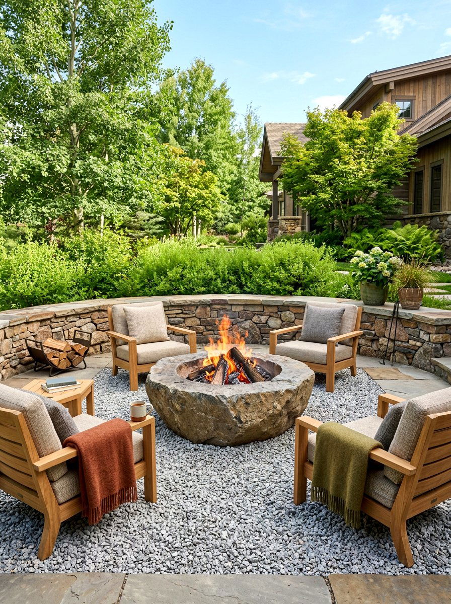 Crushed Stone Fire Pit - 30 no grass backyard ideas