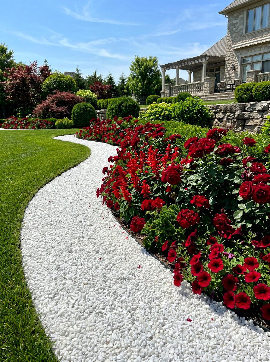 Crushed quartz garden border - 30 stone mulch border ideas