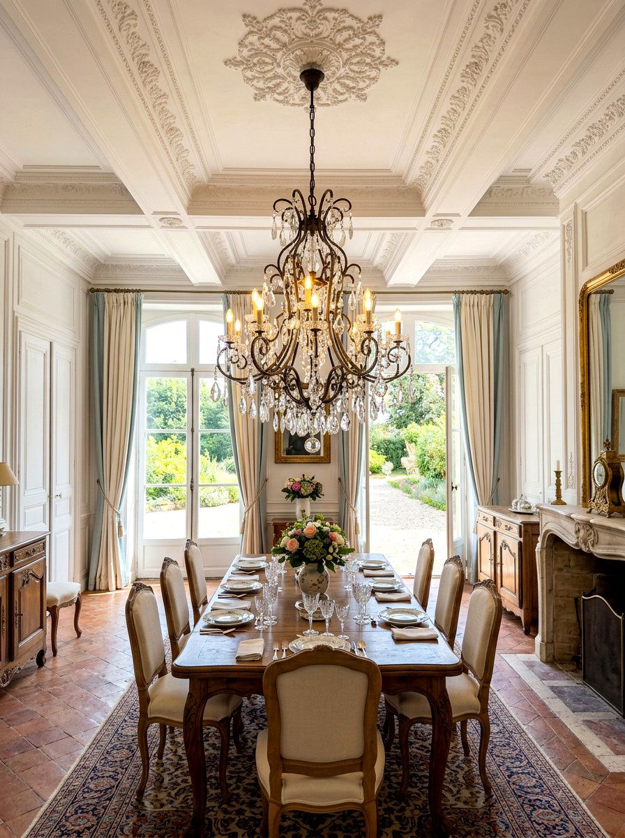 Crystal And Wrought Iron Chandelier - 30 French country dining room decor ideas