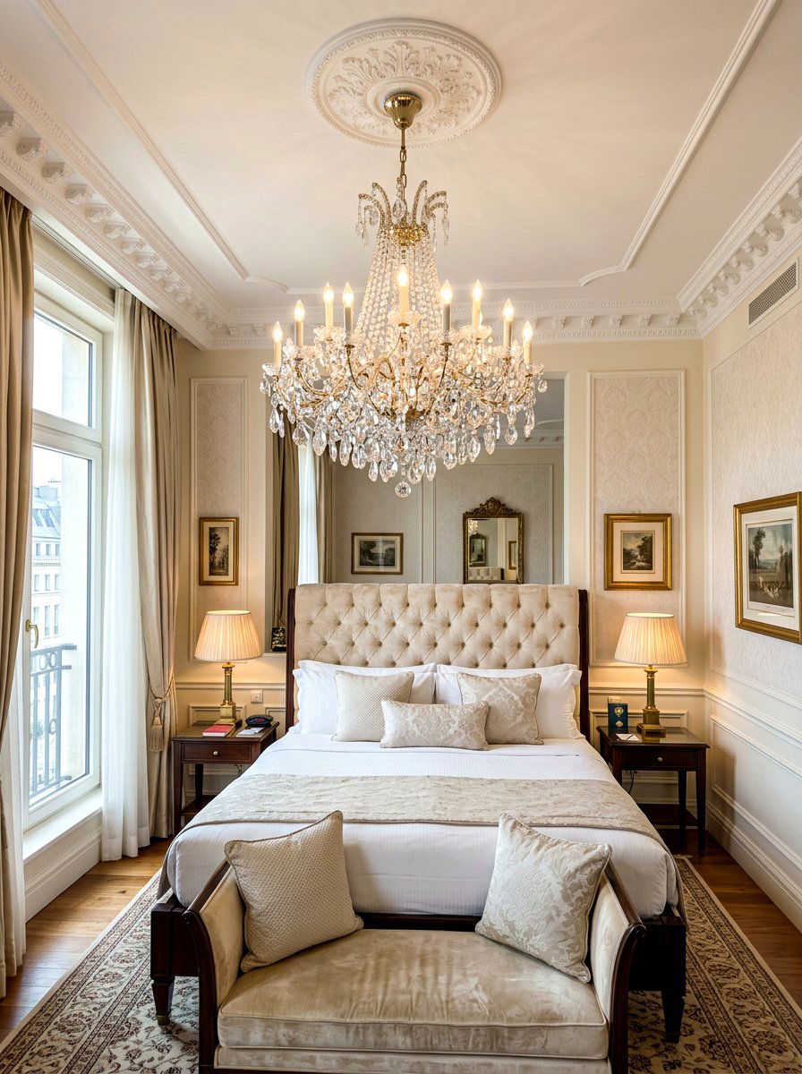 Crystal Chandelier - 30 romantic hotel bedroom ideas