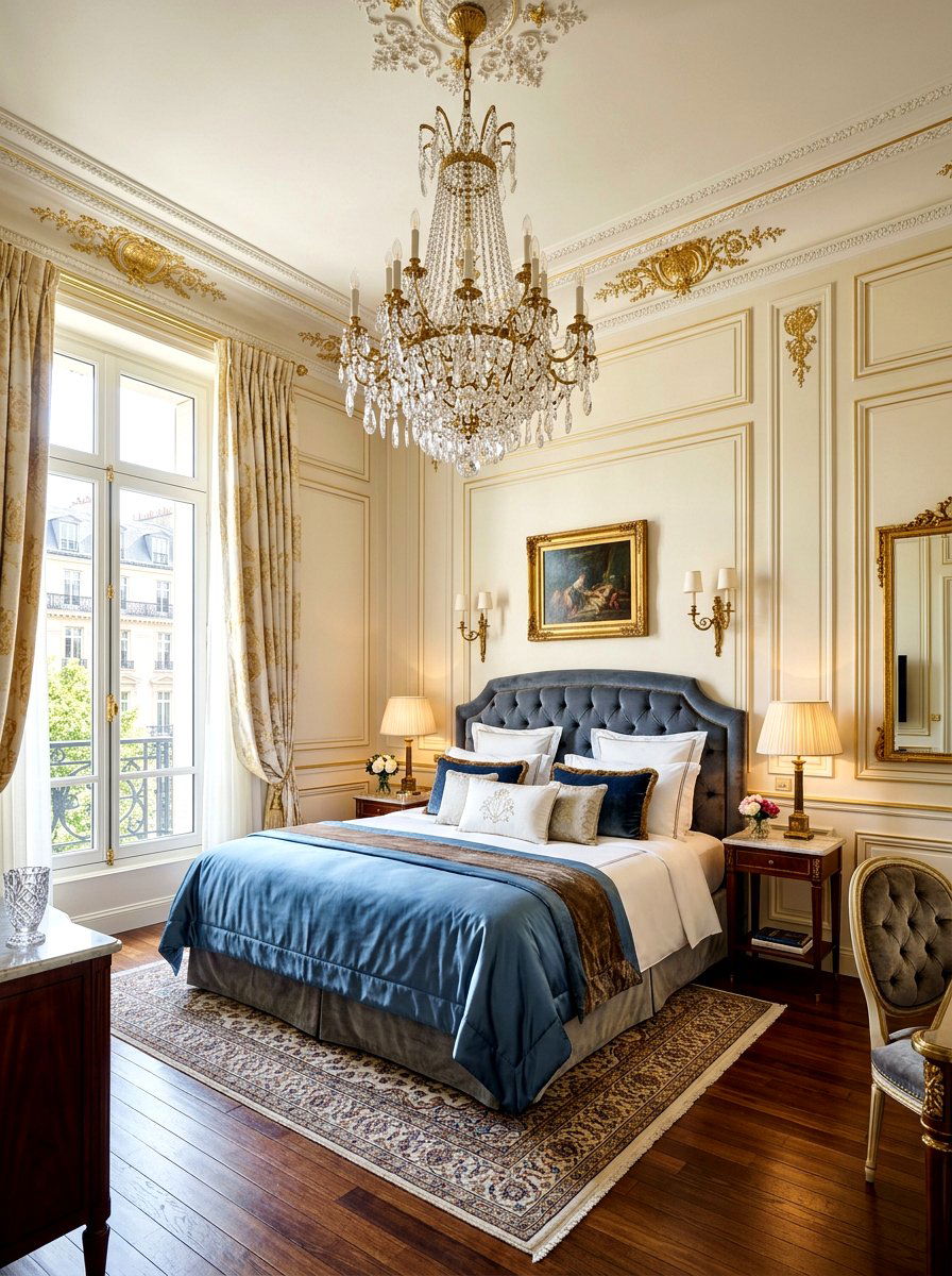 Crystal chandelier - 30 Parisian hotel bedroom ideas