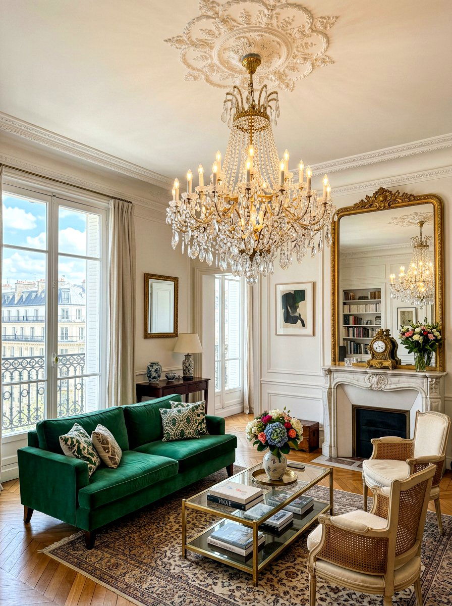 Crystal chandelier ceiling light - 30 Parisian living room ideas