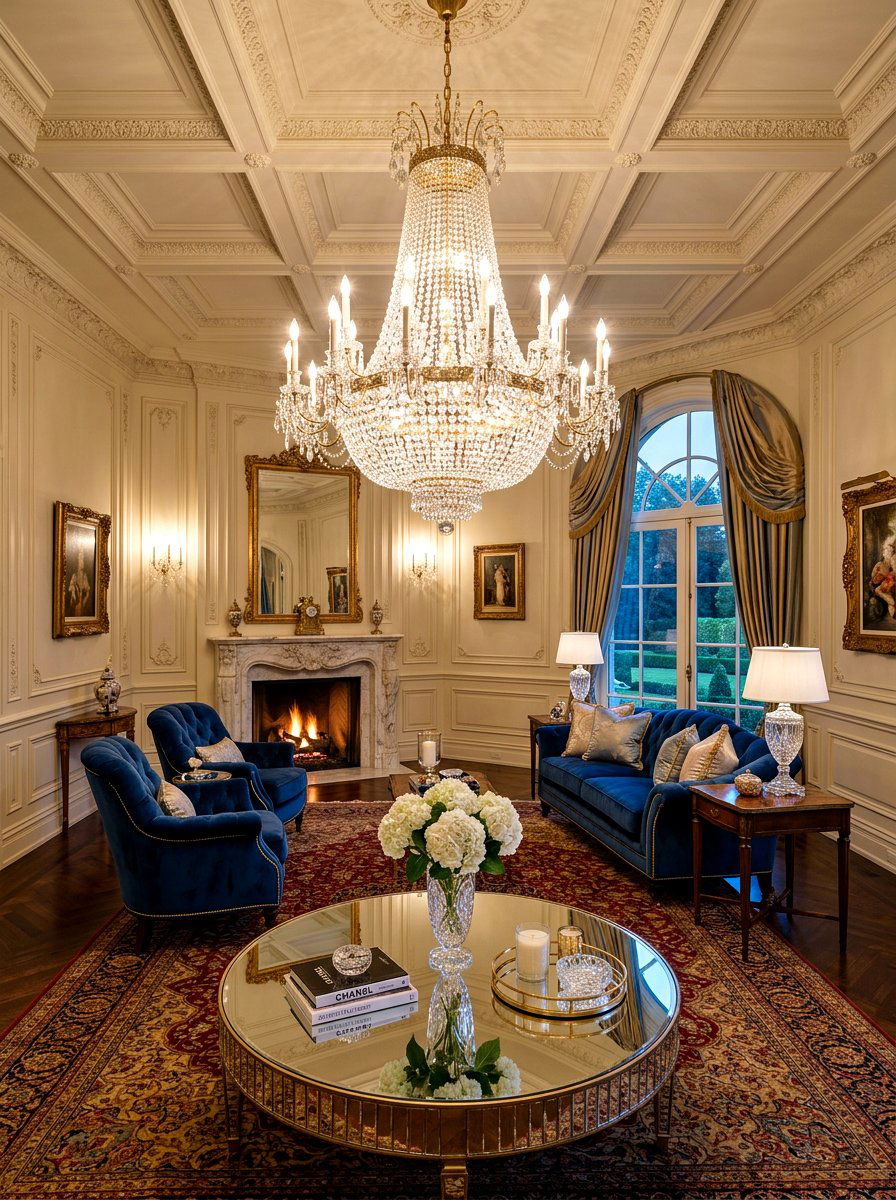 Crystal chandelier living room - 30 hotel chic living room ideas