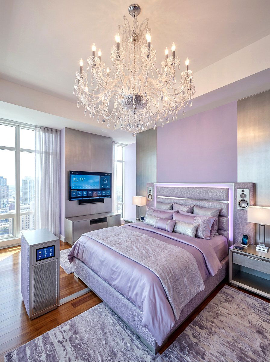 Crystal chandelier tech bedroom layout - 30 futuristic glam bedroom ideas