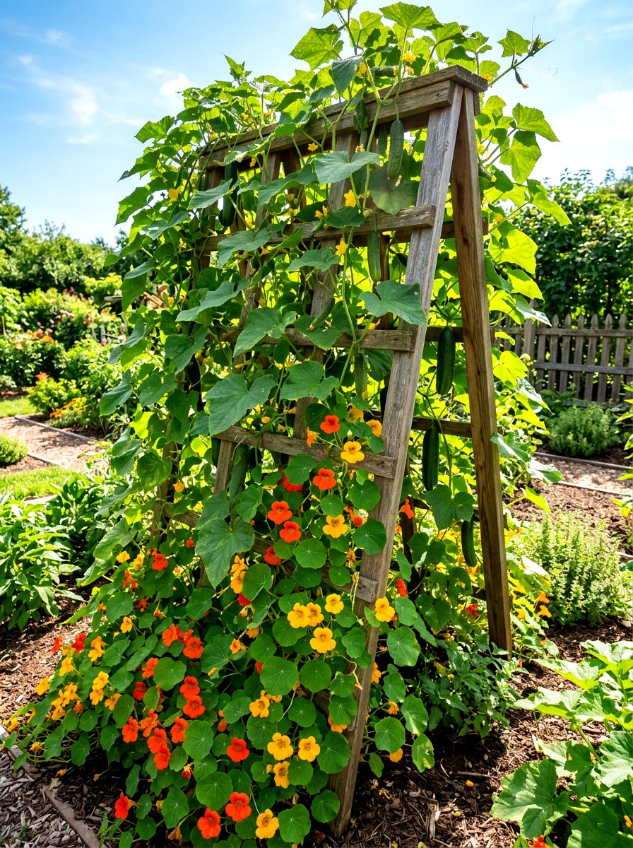 Cucumber and nasturtium protection - 30 vegetable garden companion planting ideas