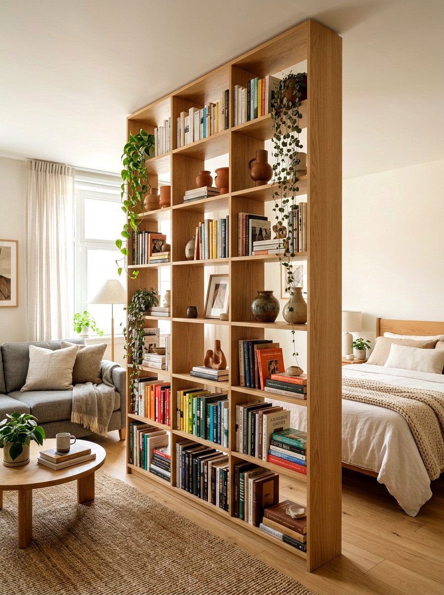 Curated Bookshelf Room Divider - 30 editorial studio apartment ideas