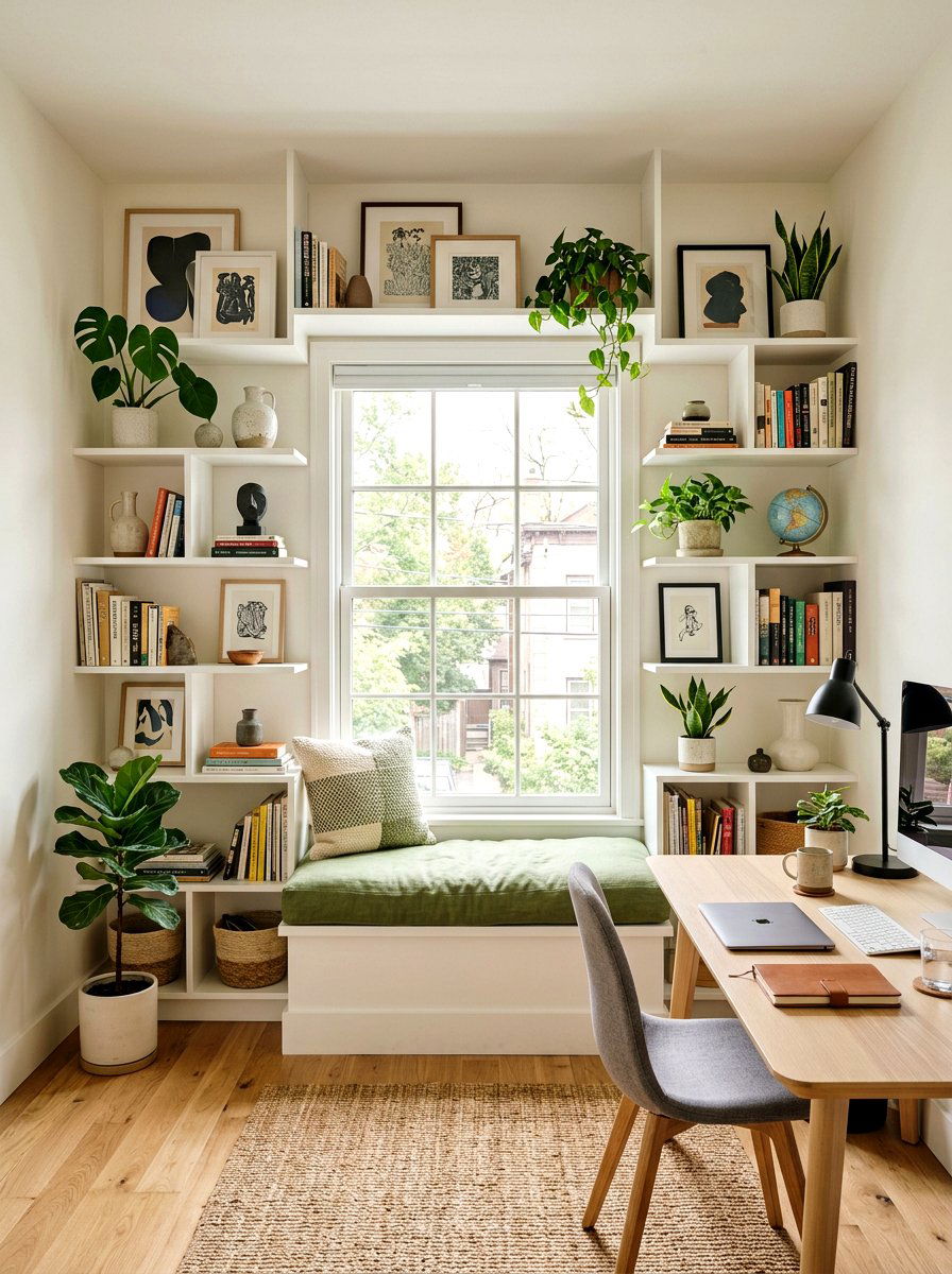 Curated Office Window Seat Shelving - 30 office window seat ideas