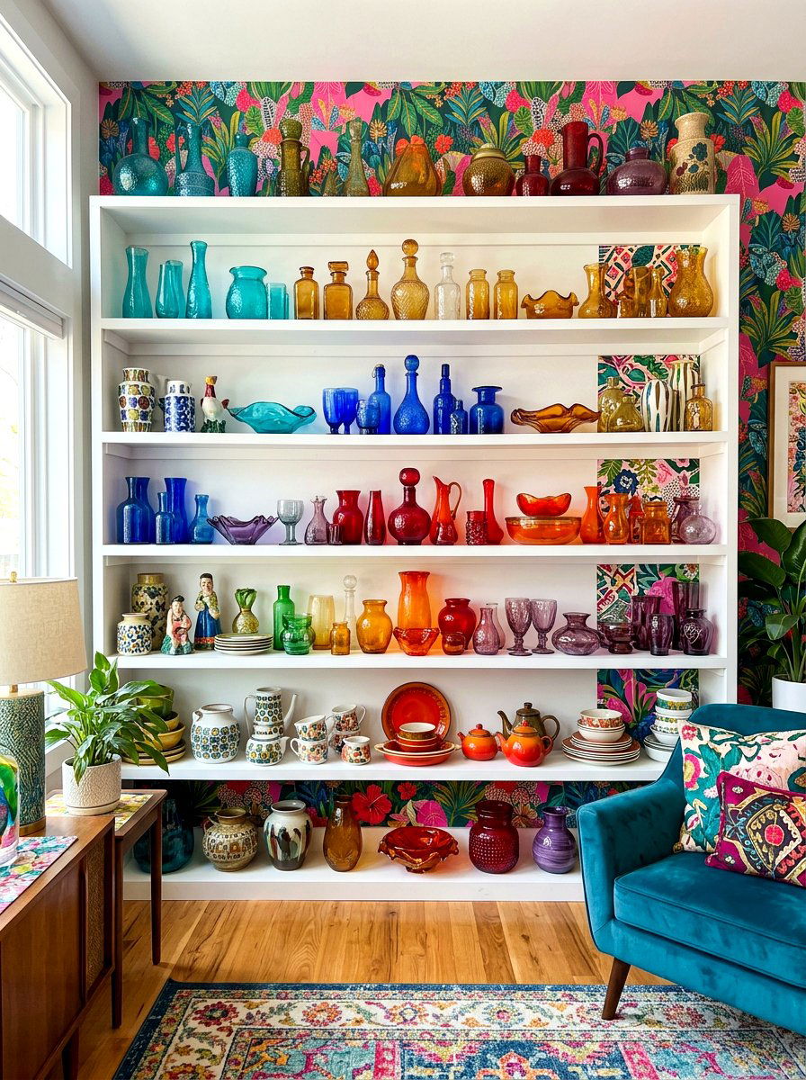 Curated Shelf Collection Display - 30 playful maximalist living room ideas