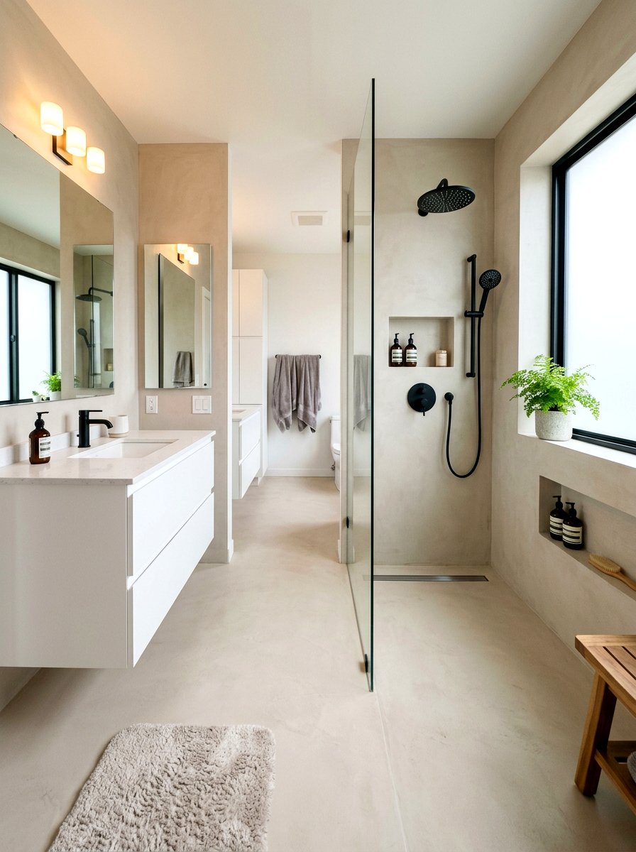 Curbless microcement shower - 30 microcement shower ideas