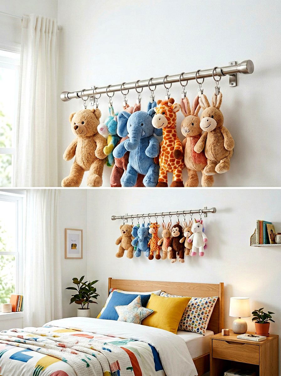 Curtain rod clip - 30 stuffed animal storage ideas