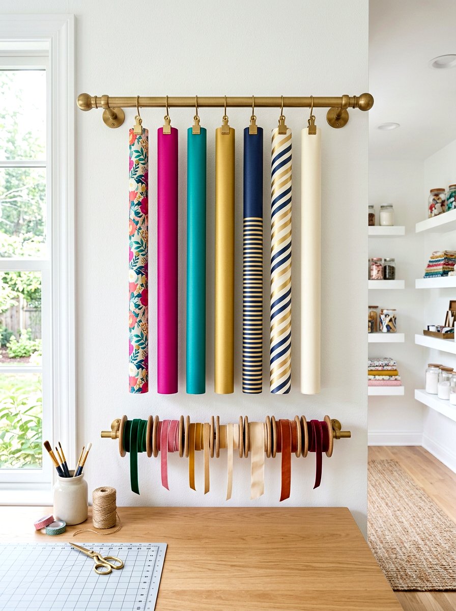 Curtain rod wrapping paper rack - 30 wrapping paper storage ideas