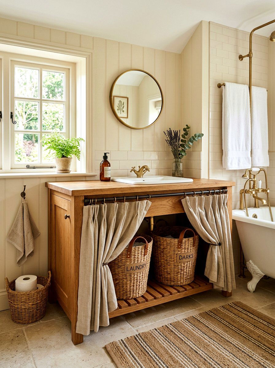Curtained Laundry Basket Shelf - 30 hidden hamper ideas