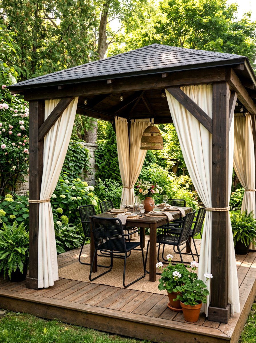 Curtained Privacy Gazebo Dining - 30 gazebo dining area ideas