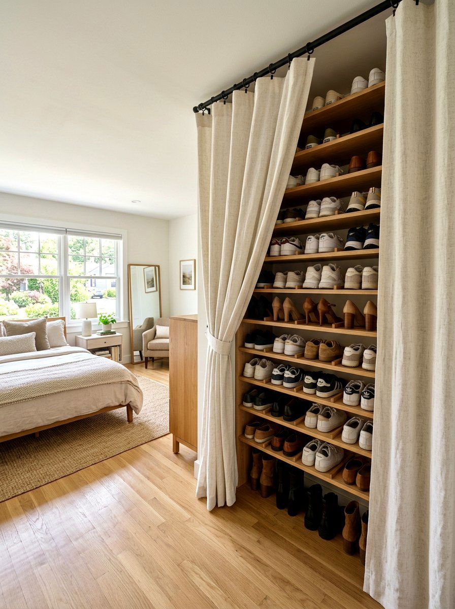 Curtained Shoe Closet Wall - 30 apartment shoe wall ideas