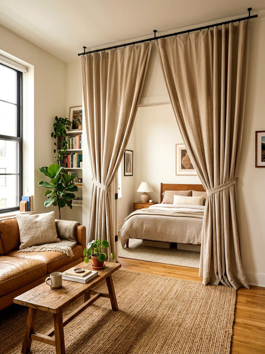 Curtained zone dividers - 30 broken floor plan apartment ideas