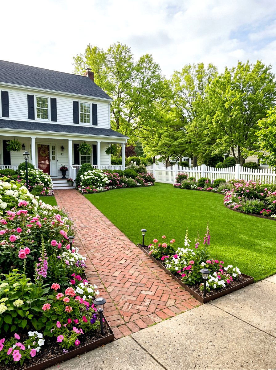 Curved Flower Bed Border - 30 artificial grass front yard ideas