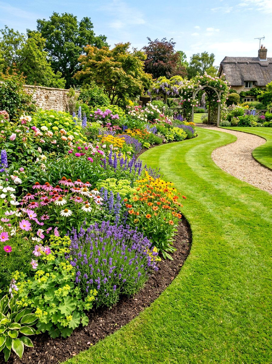 Curved Lawn Flower Border - 30 cottage border backyard ideas