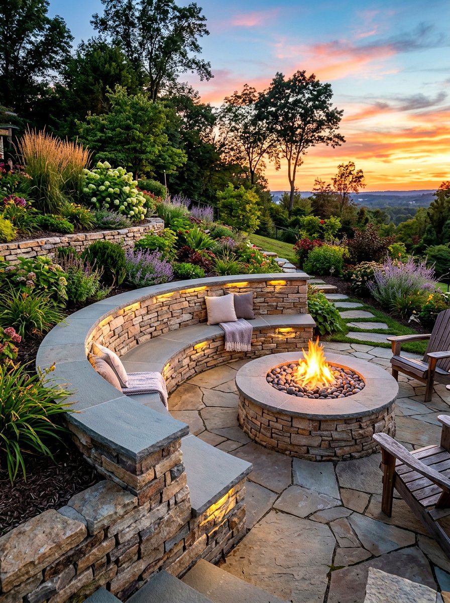 Curved Retaining Wall Fire Pit Seating - 30 seat wall fire pit ideas
