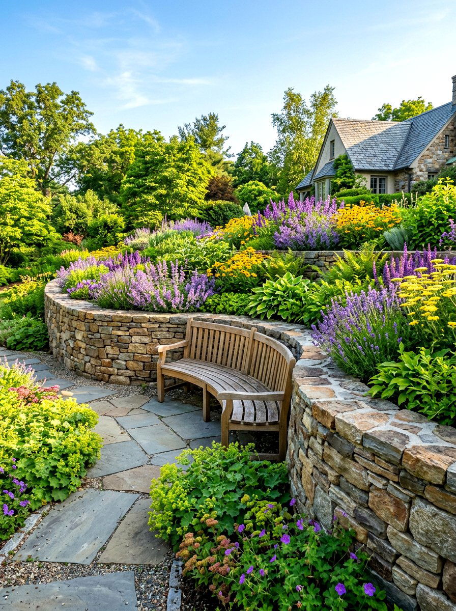 Curved Retaining Wall With Built In Bench - 30 curved bench garden ideas
