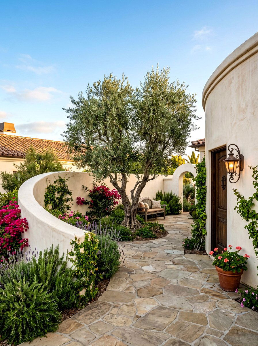 Curved Santa Barbara Finish Courtyard Wall - 30 textured stucco backyard ideas
