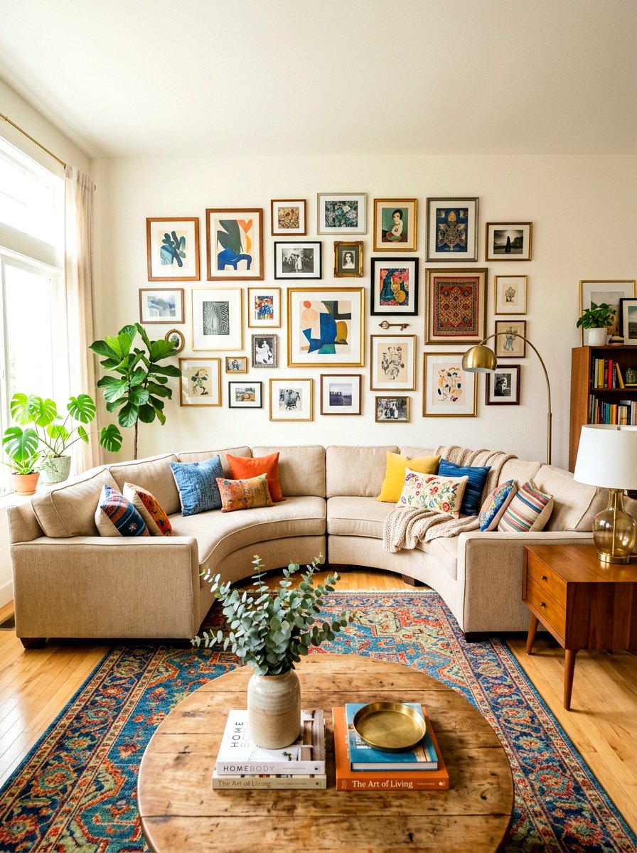 Curved Sectional With Gallery Wall Living Room - 30 curved sectional living room ideas