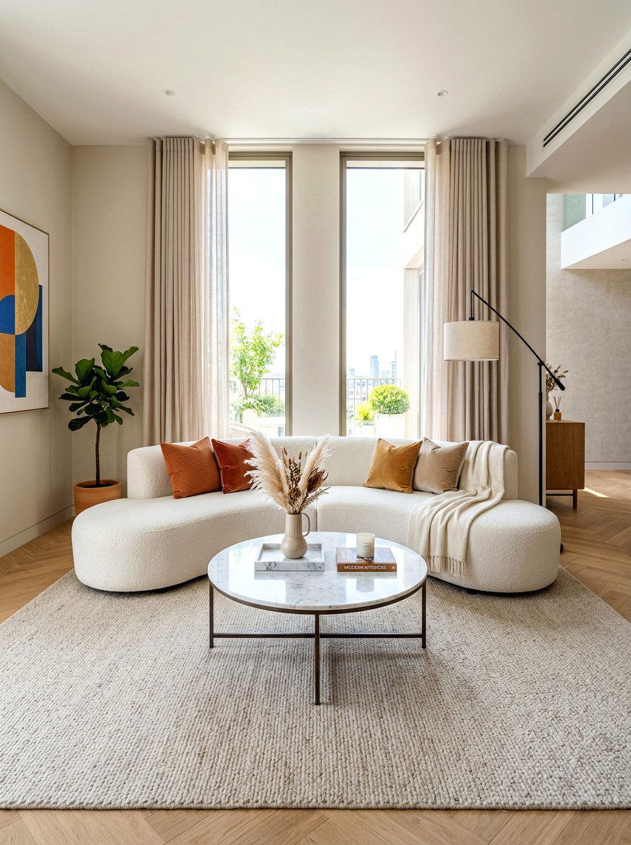 Curved Sofa Seating Area - 30 soft minimal apartment ideas