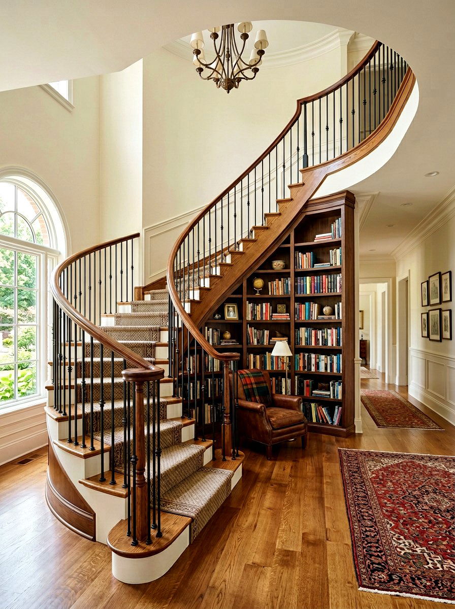 Curved Staircase Custom Under Stair Library - 30 under staircase bookshelf ideas
