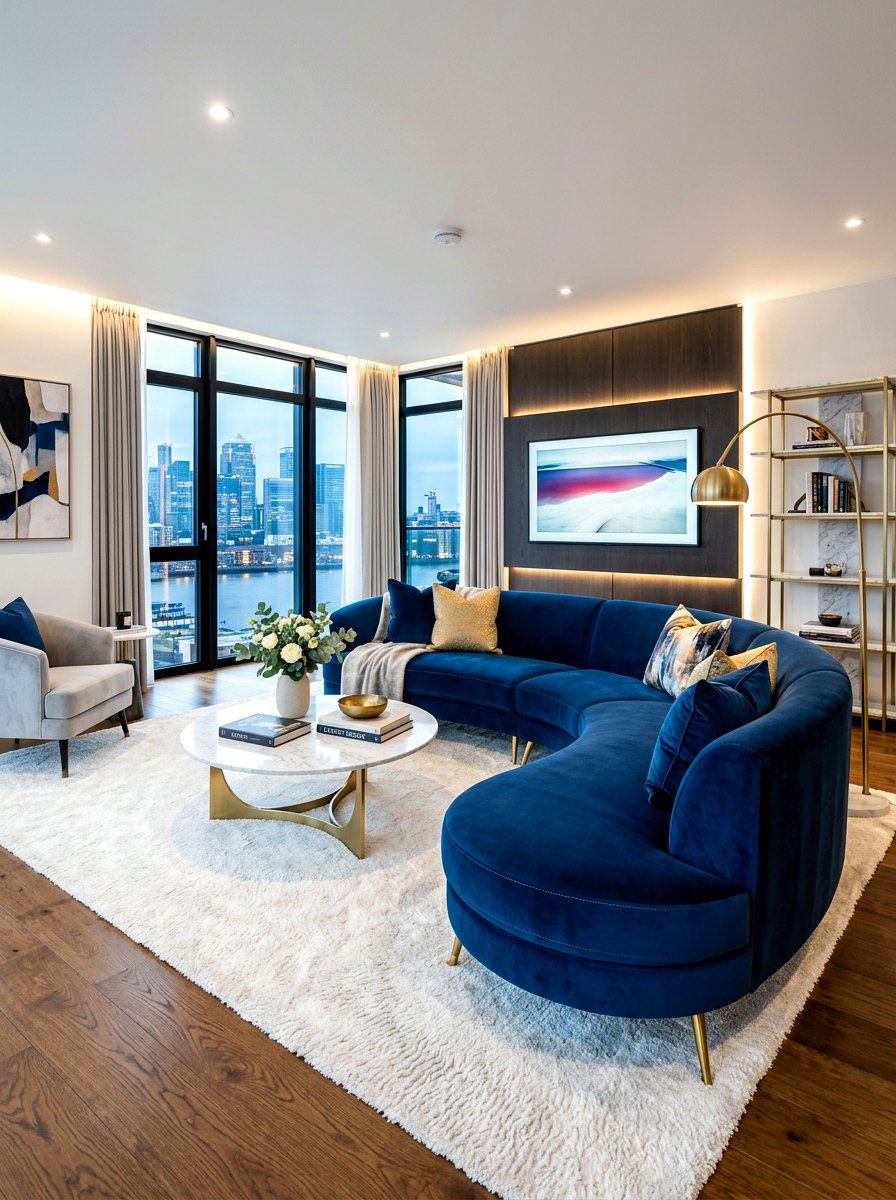 Curved Velvet Sofa - 30 futuristic glam living room ideas