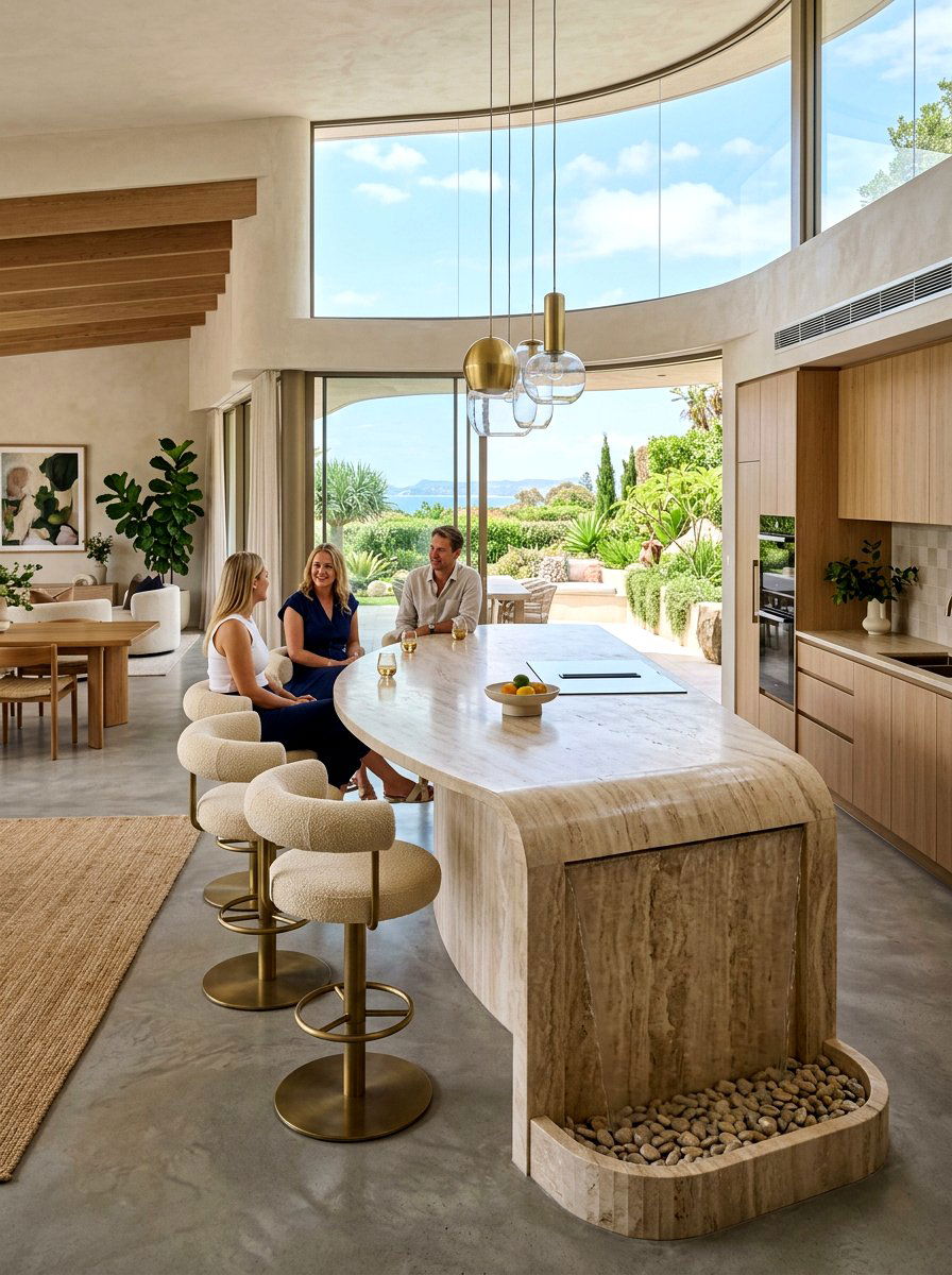 Curved Waterfall Island Bar Stools - 30 waterfall island seating ideas